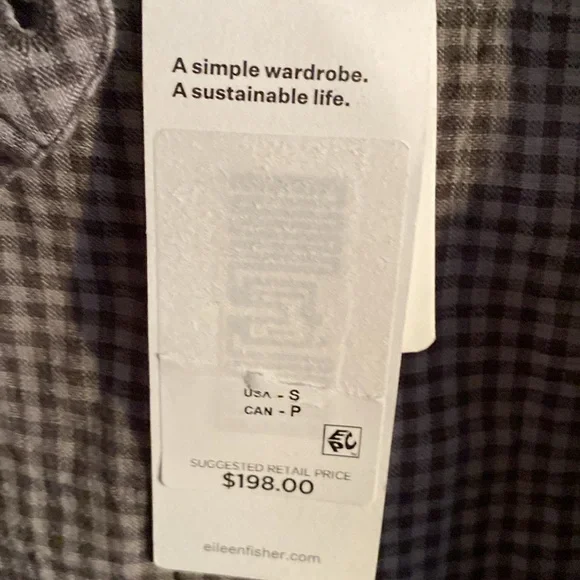 Eileen Fisher NWT Checkered Organic Cotton Mandarin Collar Button Down Shacket